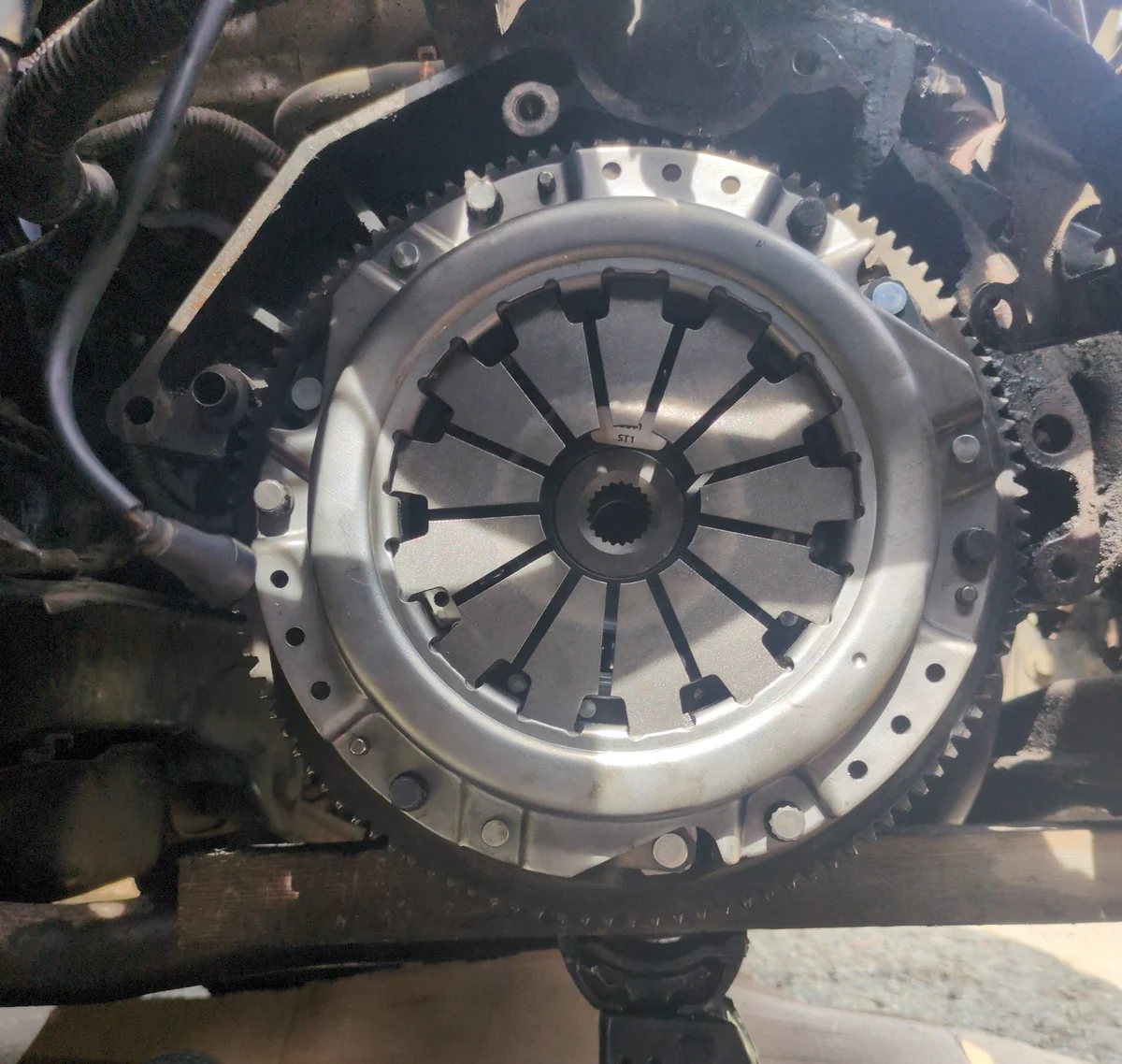 New performance upgrade clutch installed on the flywheel