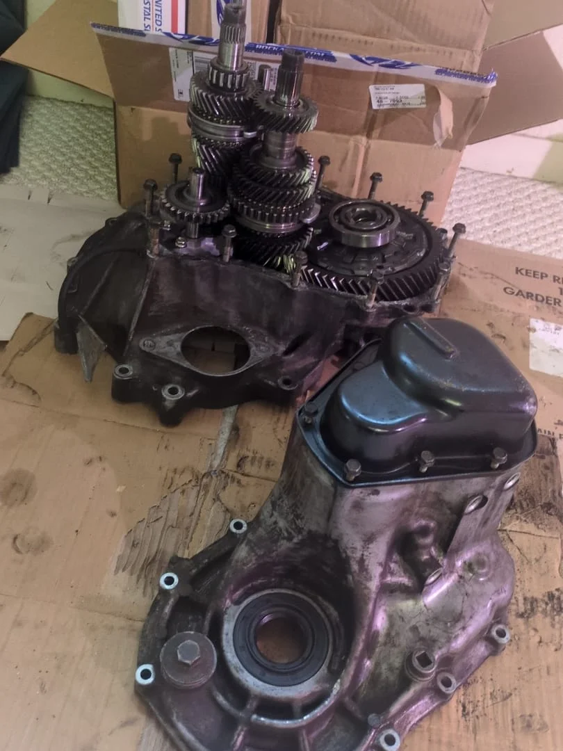 Successfully split transmission case showing internal gears
